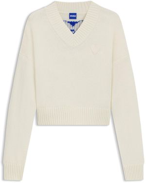 HUGO V-Neck Jumper With Rear Happy Heart - White