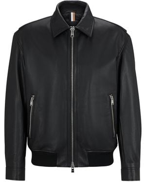 BOSS Regular-Fit Jacke Aus Weichem Leder Mit Stehkragen - Schwarz