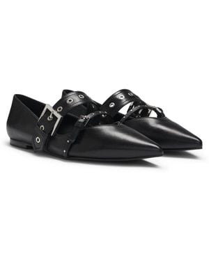 HUGO Nappa-Leather Ballerina Pumps With Buckled Straps - Black