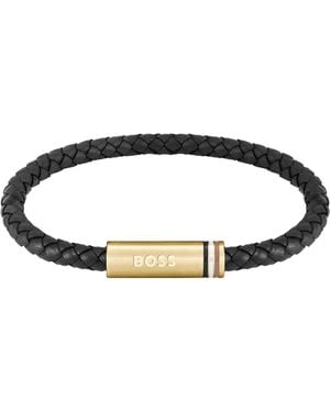 BOSS Braided-Leather Cuff With Magnetic Logo Closure - Black