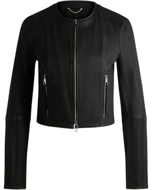 BOSS Collarless Slim-fit Jacket In Rich Leather - Black