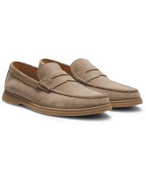BOSS Suede Loafers With Logo Penny Trim - Natural