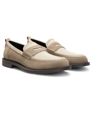 HUGO Suede Loafers With Textured Vamp - Natural