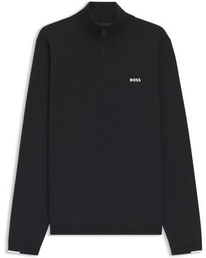 BOSS Pullover Aus Baumwolle Mit Troyerkragen Und Logo-Print - Schwarz