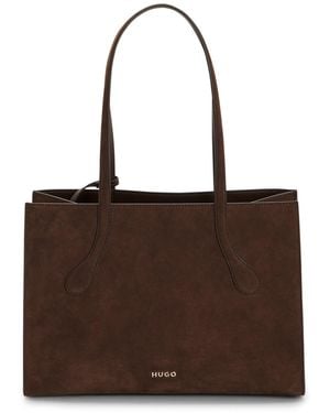 HUGO Dual-Material Faux-Leather Tote With Metal Logo - Brown