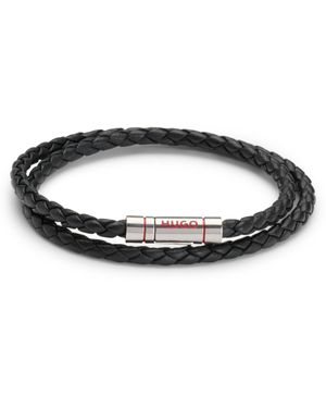 HUGO Zweireihiges, Geflochtenes Armband Aus Leder Mit Logo-Verschluss - Schwarz