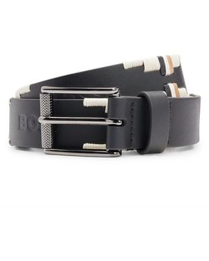 BOSS Equestrian Leather Belt With Hand-Embroidered Signature Stripes - Black