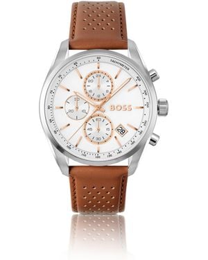 BOSS Grand Prix 44 Chronograph Watch With Perforated Leather Strap