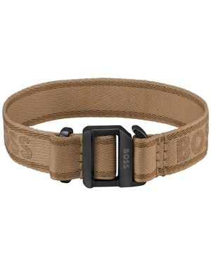BOSS Camel-Coloured Woven Logo-Strap Cuff With Adjustable Buckle - Brown