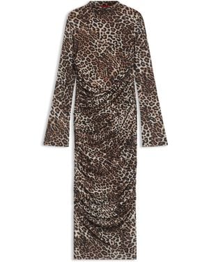 HUGO Midi Dress With Leopard Print And Gathered Details - Grey