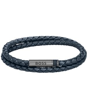 BOSS Bracelet Double Tour En Cuir Tressé Bleu