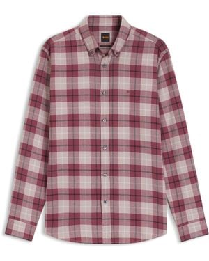BOSS Camisa Regular Fit Con Botones En Franela De Algodón A Cuadros - Rojo