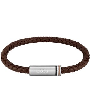 BOSS Brown Braided-leather Cuff With Magnetic Logo Closure Men's Jewelry