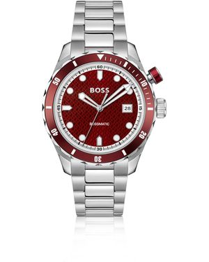 BOSS Zilverkleurig Automatisch Horloge Met Rode Wijzerplaat Met Monogramstructuur - Rood
