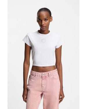 HUGO Cropped Stretch-Cotton T-Shirt With Rhinestone Happy Logo - White