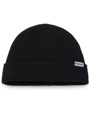 HUGO Ribbed Virgin Wool-Blend Beanie With Logo Label - Black