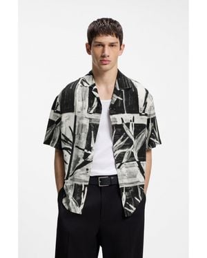 HUGO Oversized-Fit Printed Shirt With Camp Collar - Black