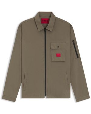 HUGO Zip-Up Cotton-Blend Canvas Overshirt With Logo Label - Brown