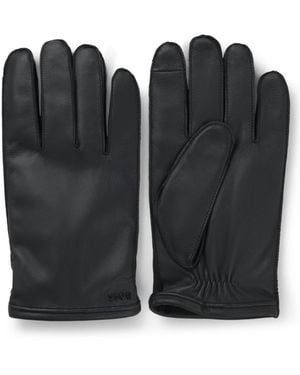 BOSS Grained-Leather Gloves With Wool Lining And Metallic Logo - Black