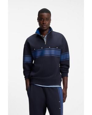 HUGO Zip-Neck Cotton Sweatshirt With Printed Stripes - Blue