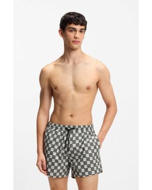 HUGO Quick-Dry Swim Shorts With Stacked-Logo Check Print - Green