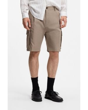 HUGO Stretch-Cotton Cargo Shorts With Pleat Front - Natural