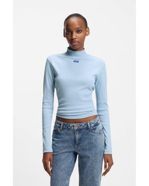 HUGO High-Neck Stretch-Cotton Top With Logo Badge - Blue