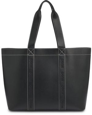 HUGO Leather Tote Bag With Embossed Logo - Black