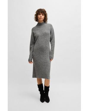 BOSS Long-Sleeved Relaxed-Fit Dress With Mixed Ribbing - Gray