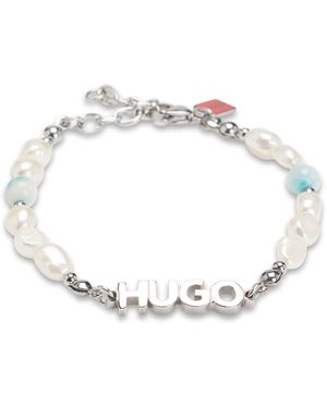 HUGO Logo Cuff With Pearls And Coloured Stones - Metallic