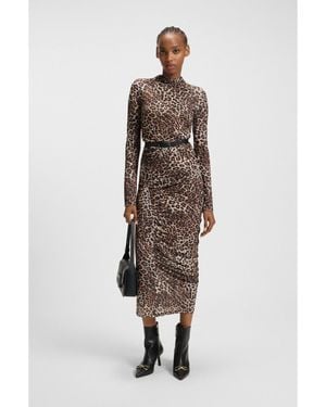 HUGO Midi Dress With Leopard Print And Gathered Details - Grey