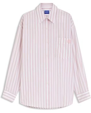 HUGO Oversized-Fit Blouse Van Gestreepte Katoen Met Happy -Logo - Roze