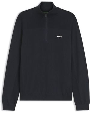 BOSS Pullover Aus Schurwoll-Mix Mit Troyerkragen Und Logo - Schwarz