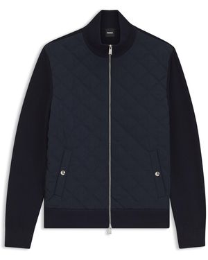 BOSS Knitted-Wool Jacket With Quilted Front - Blue
