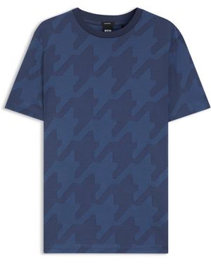 BOSS T-Shirt Van Gemerceriseerde Katoen Met Pied-De-Poule-Jacquard - Blauw