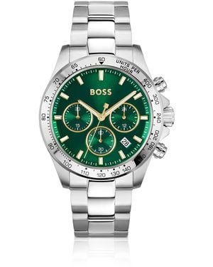 BOSS Zilverkleurig Chronograaf Horloge Met Groene Wijzerplaat