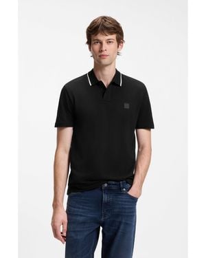 BOSS Cotton-Piqué Polo Shirt With Contrast Collar Stripe - Black