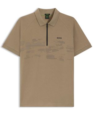BOSS Cotton-Blend Zipped Polo Shirt With Reflective Graphics - Natural