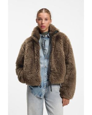 HUGO Faux-Fur Jacket With Adjustable Hem - Brown