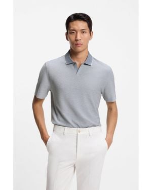 BOSS Cotton-Silk Polo Shirt With Three-Tone Structure - Blue