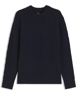 BOSS Pullover Aus Schurwolle Mit Zopfmuster - Blau