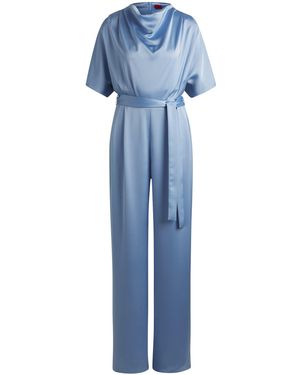HUGO Regular-Fit Jumpsuit Van Vloeiend Satijn Met Watervalhals - Blauw