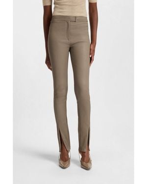 BOSS Leather Leggings With Logo-Hook Closure - Natural