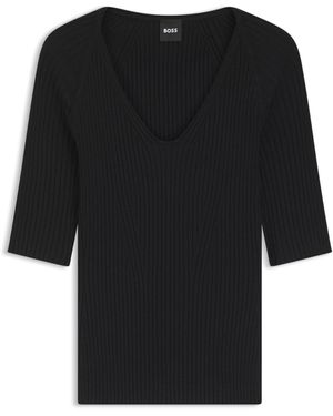 BOSS Structured-Knit T-Shirt With Tonal Button Trims - Black