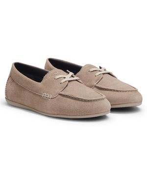 HUGO Suede Boat Shoes With Stacked Logo - Brown