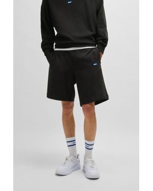 HUGO Cotton-terry Shorts With Blue Logo Patch - Black