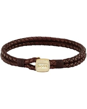 BOSS Armband Van Gevlochten Leer Met Goudkleurige Sluiting - Bruin