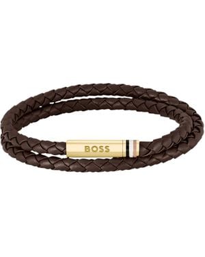 BOSS Braided-Leather Cuff With Logo Closure - Brown