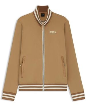 BOSS Equestrian Zip Cardigan With Stripe Trims - Natural