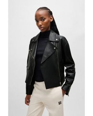 HUGO Leather Biker Jacket With Zipped Sleeves - Black